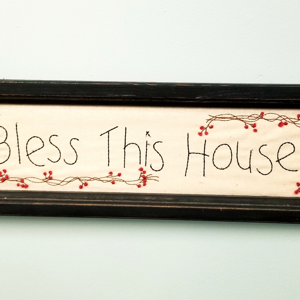 Hand stitched embroidered Bless this House Wood framed wall hanging sign.